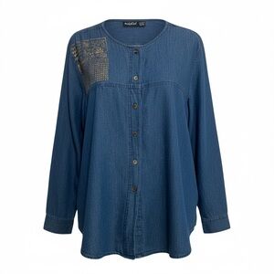 Vintage Collarless Denim Shirt Women's Sz 2X Blue w/Gold Detail Long Sleeve